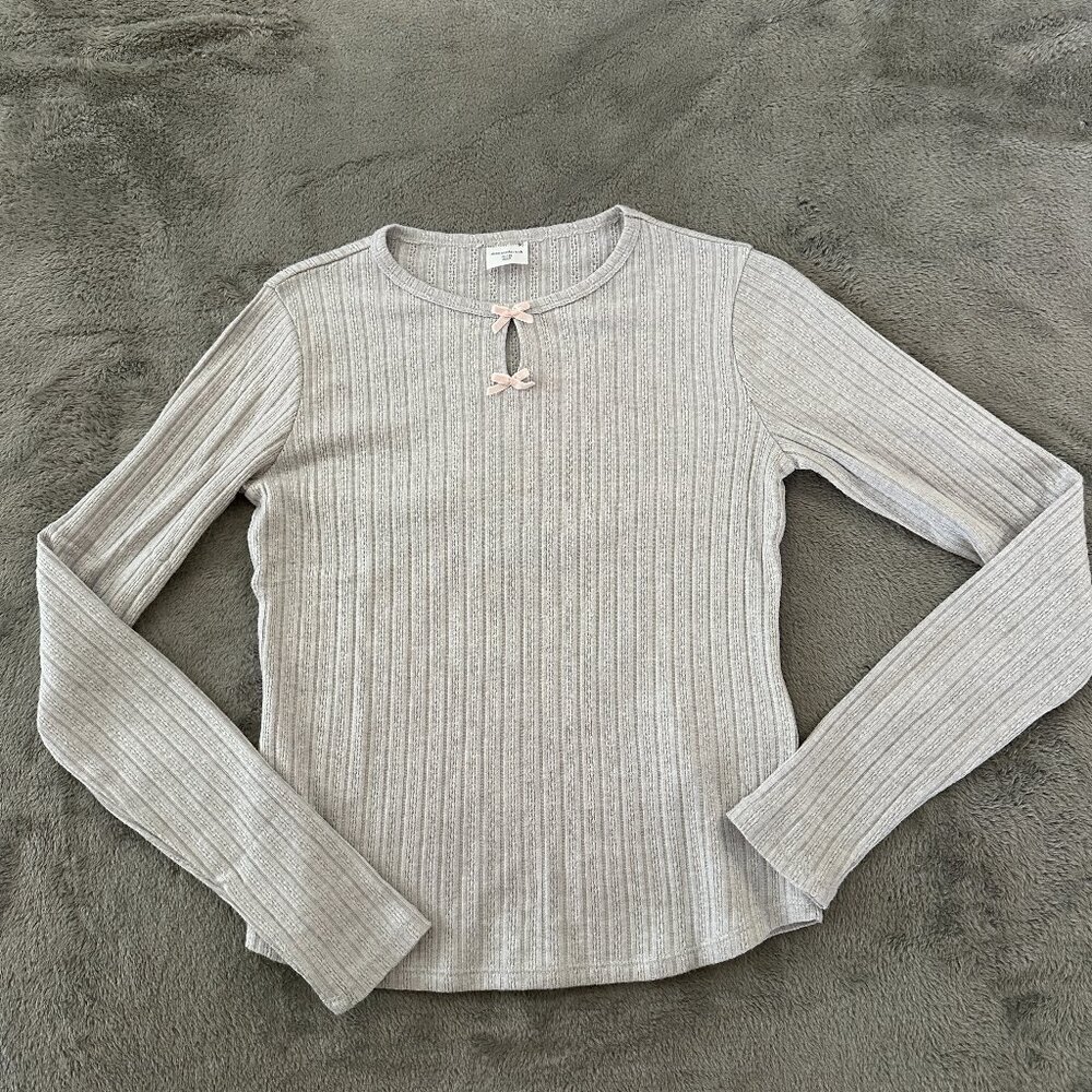 Abercrombie & Fitch Kids Girls 15/16 Gray Ribbed Long Sleeve Tee Pink Bows